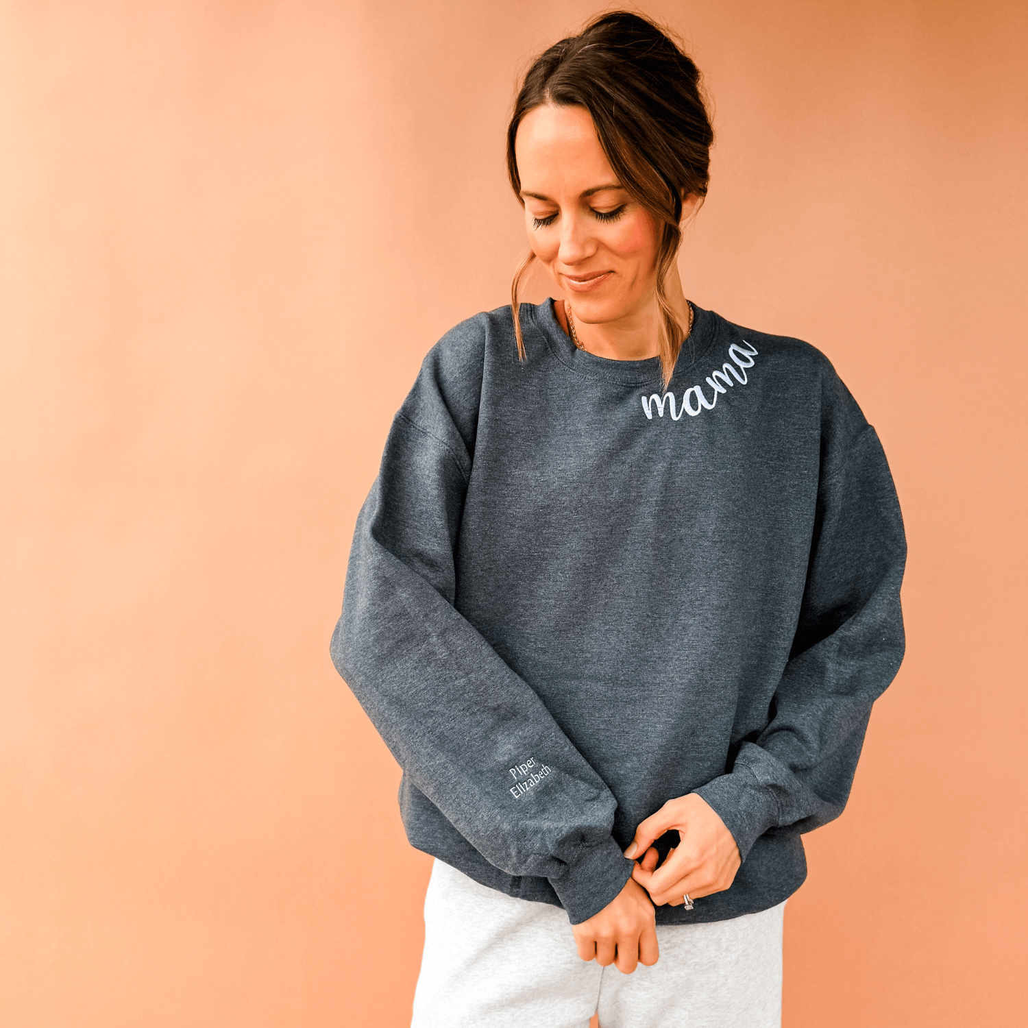 Custom Mama Embroidered Crewneck - Heather Charcoal