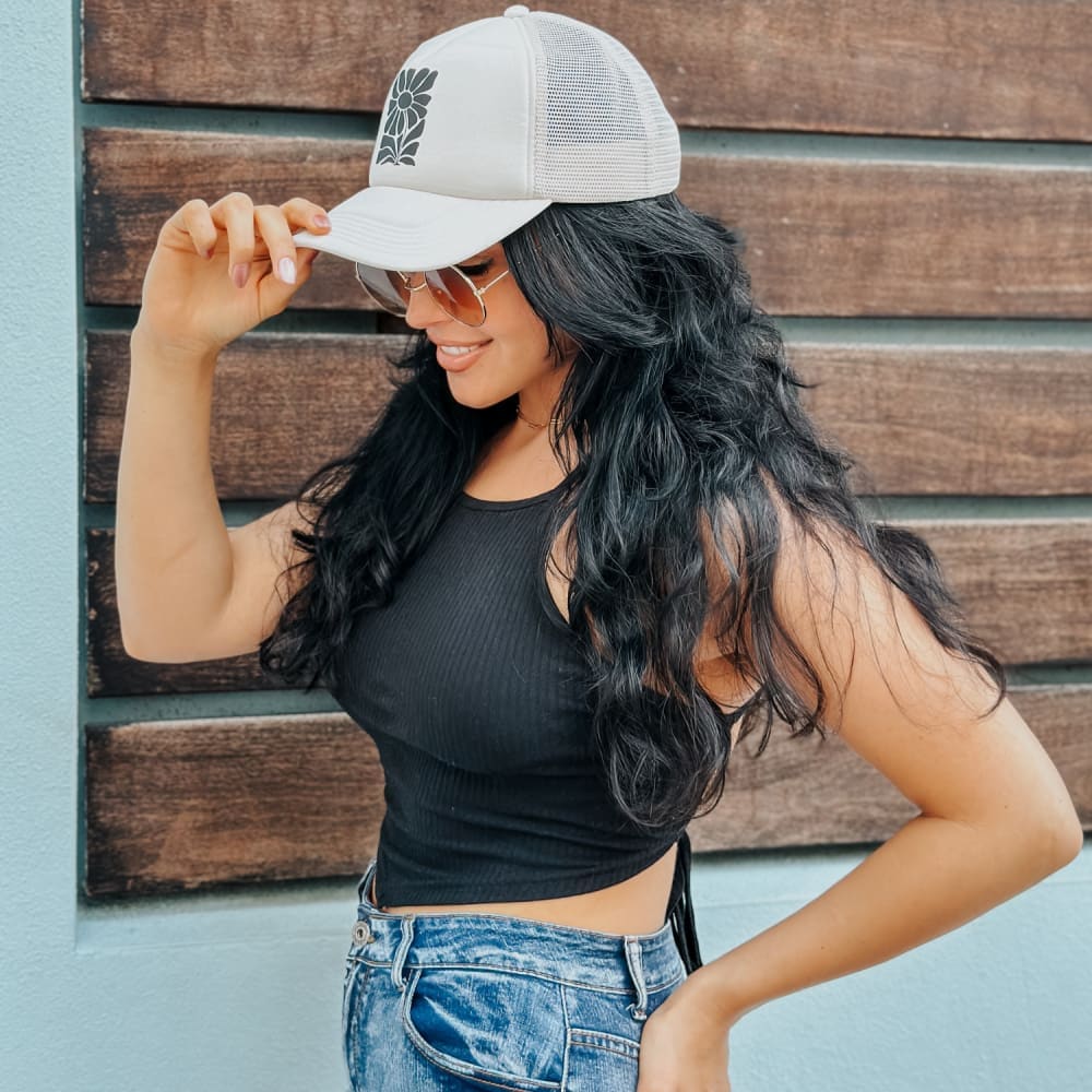 Black Retro Flower Trucker Hat - Sand