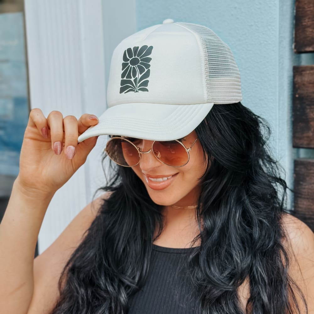Black Retro Flower Trucker Hat - Sand