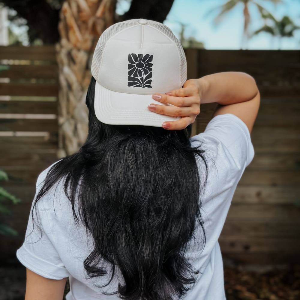 Black Retro Flower Trucker Hat - Sand