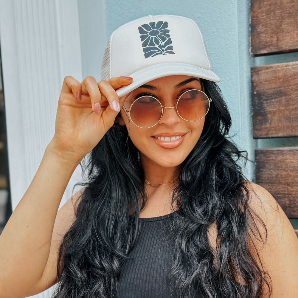Black Retro Flower Trucker Hat - Sand