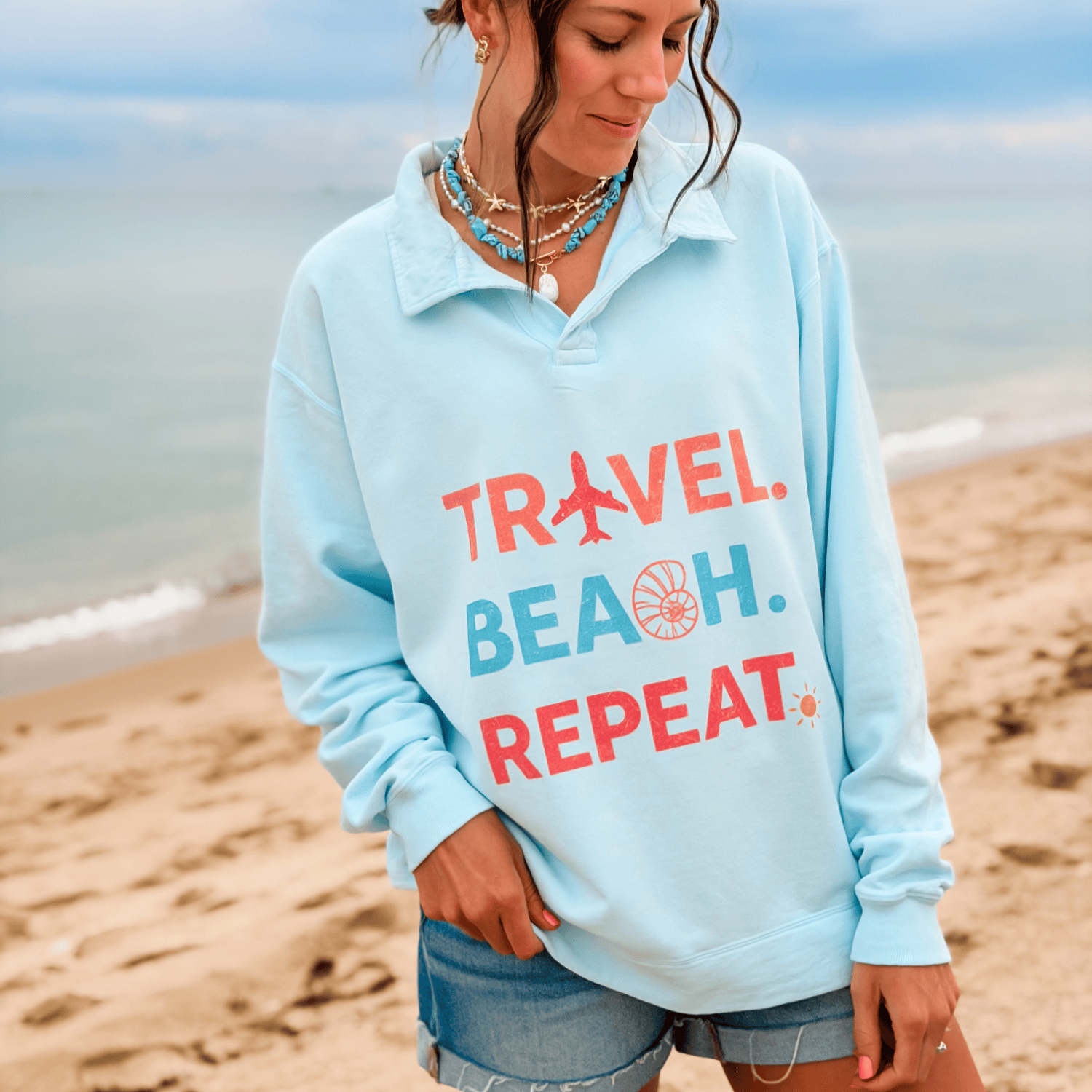 Travel, Beach, Repeat! Collegiate Crewneck