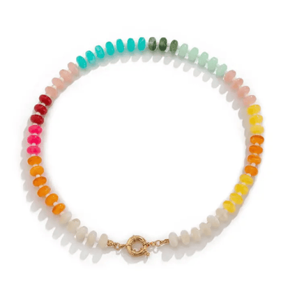 Colorful beaded necklace with a gold clasp on a white background
