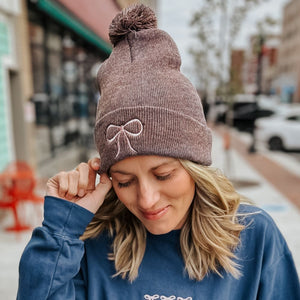 Embroidered Bow Pom Beanie - Heather Brown / one size