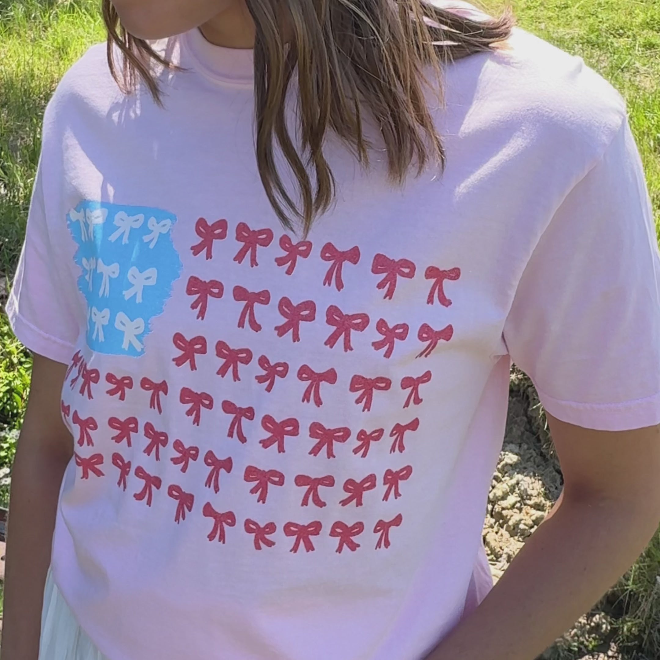 model wearing American Flag Bows Tee