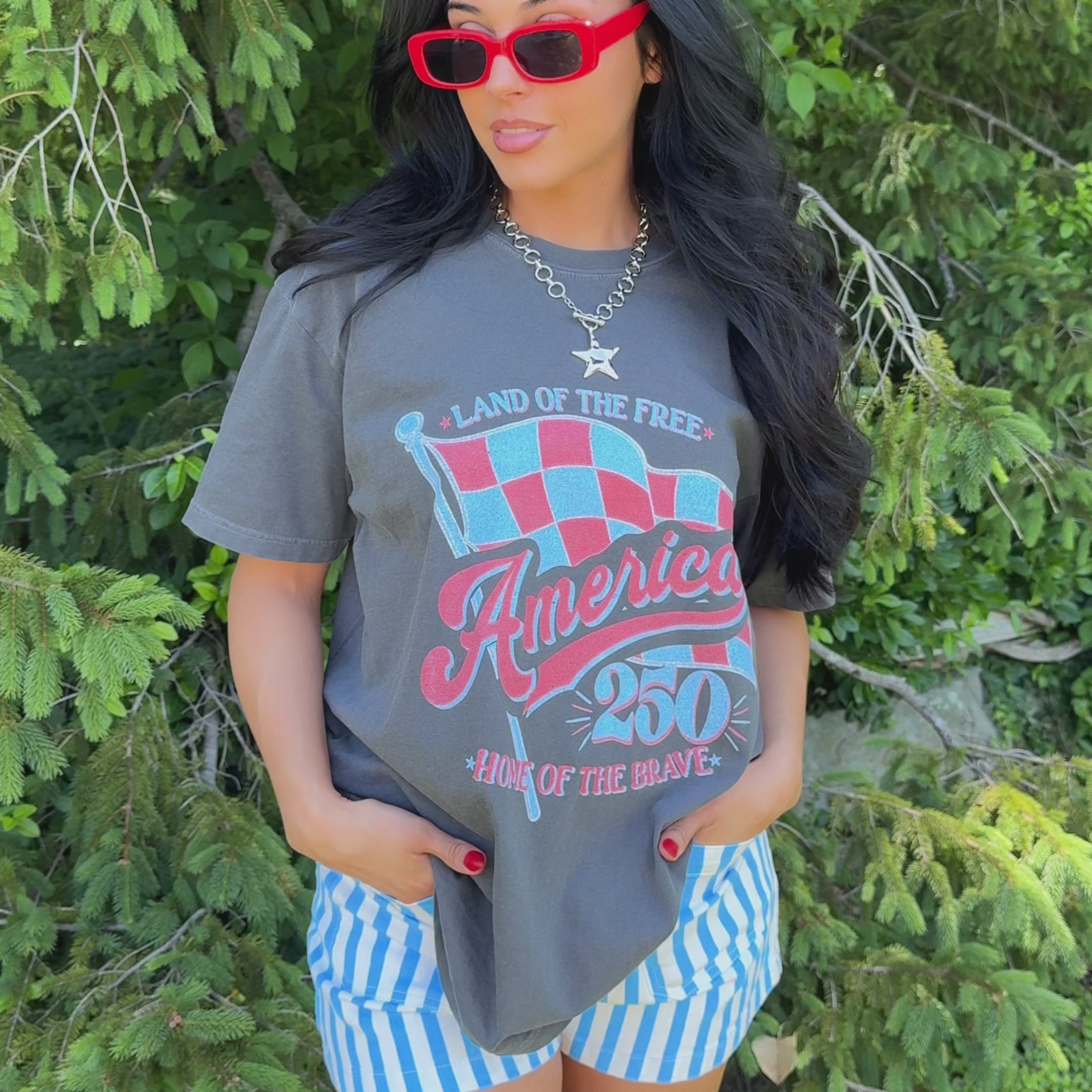 model wearing america's 250 tee