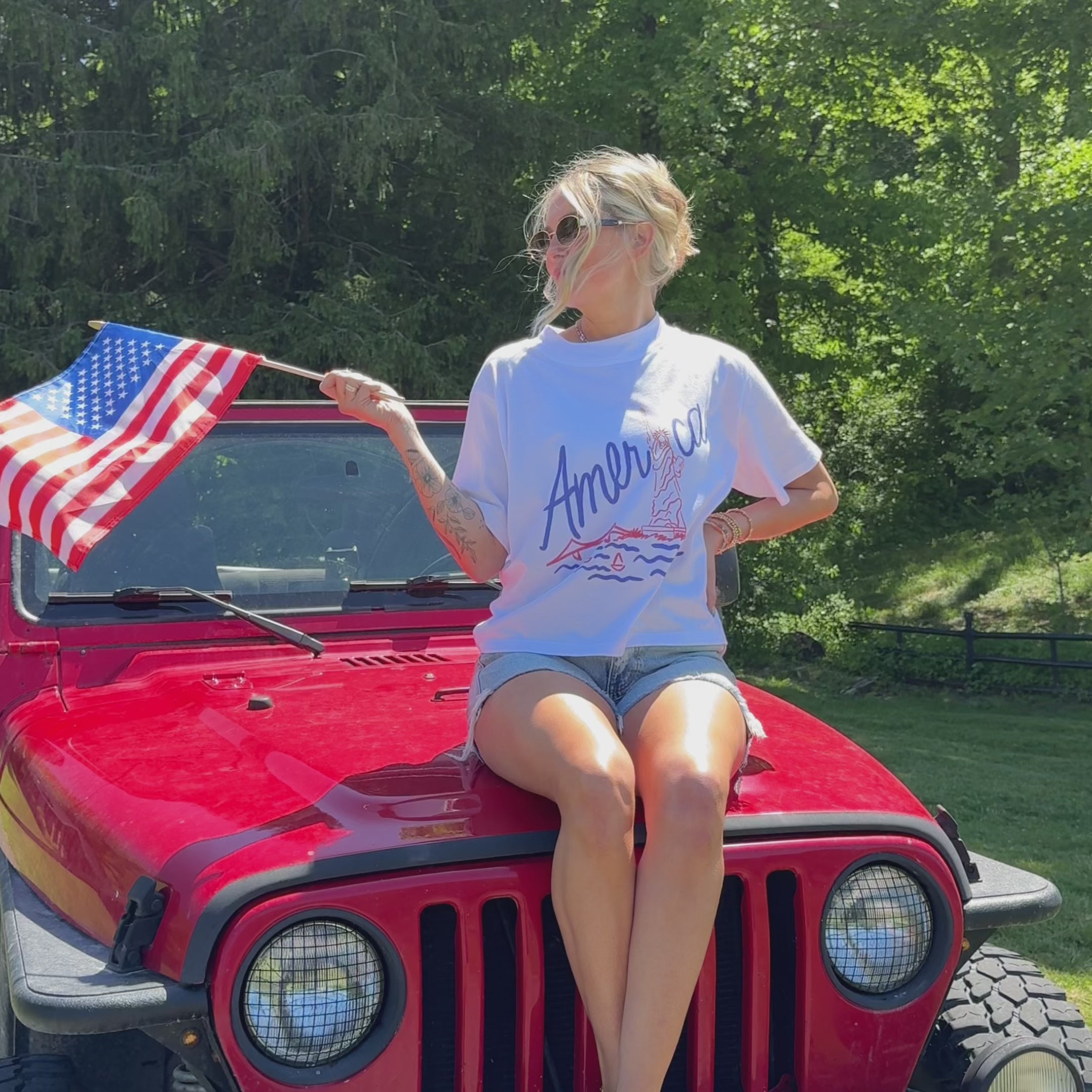 model wearing Lady Liberty Relaxed Boxy Tee