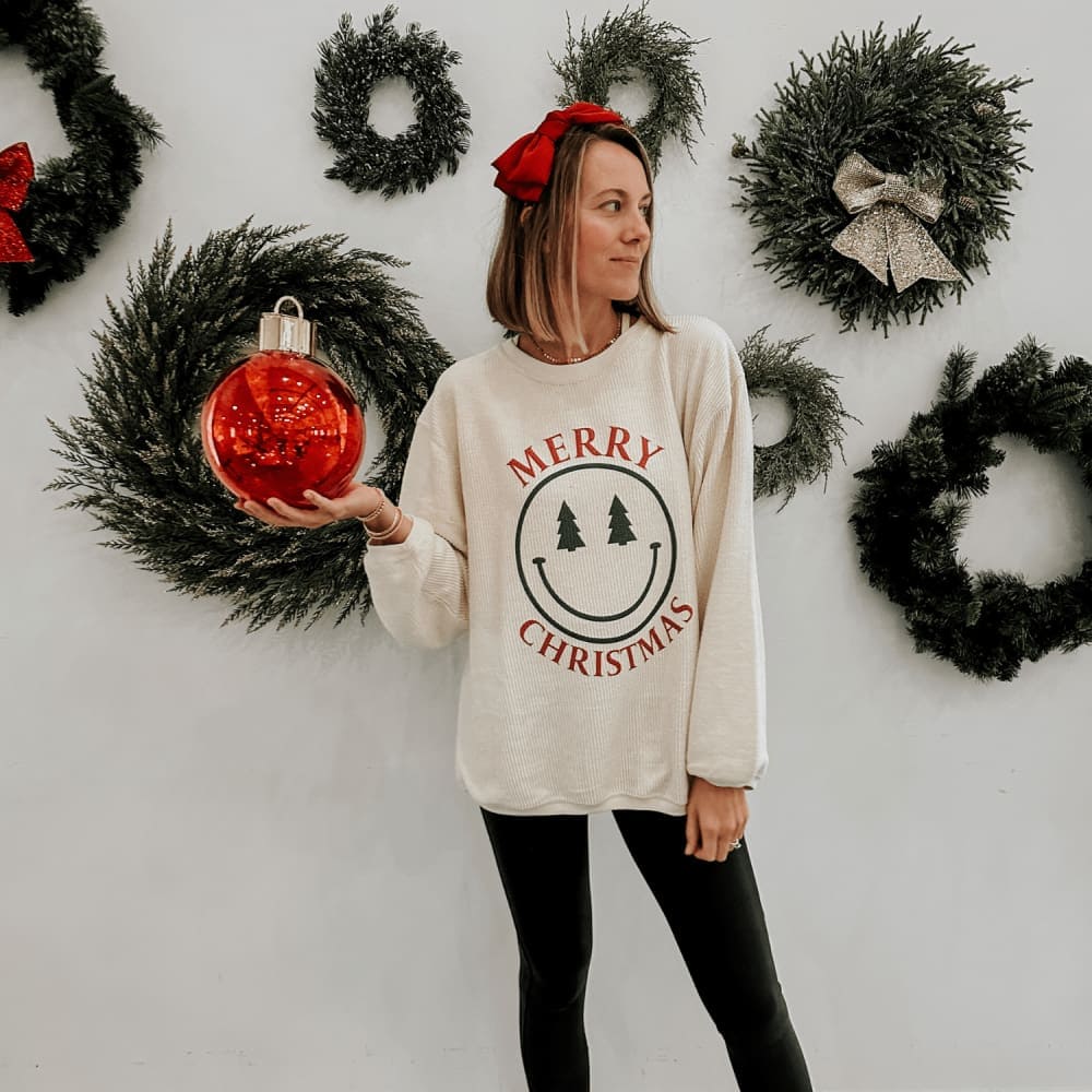 Smiley Face Christmas Corded Crew - NEW