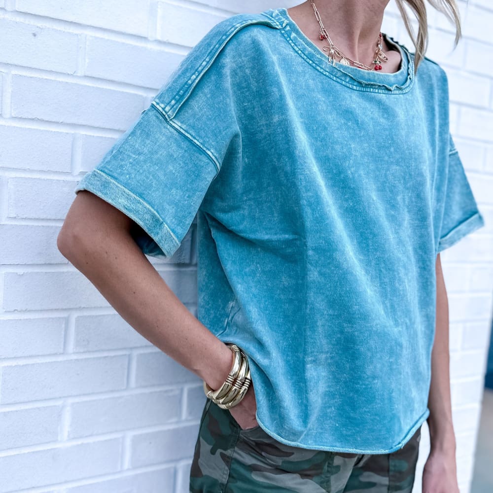 The Dolly Terry Cropped Tee - Dusty Blue