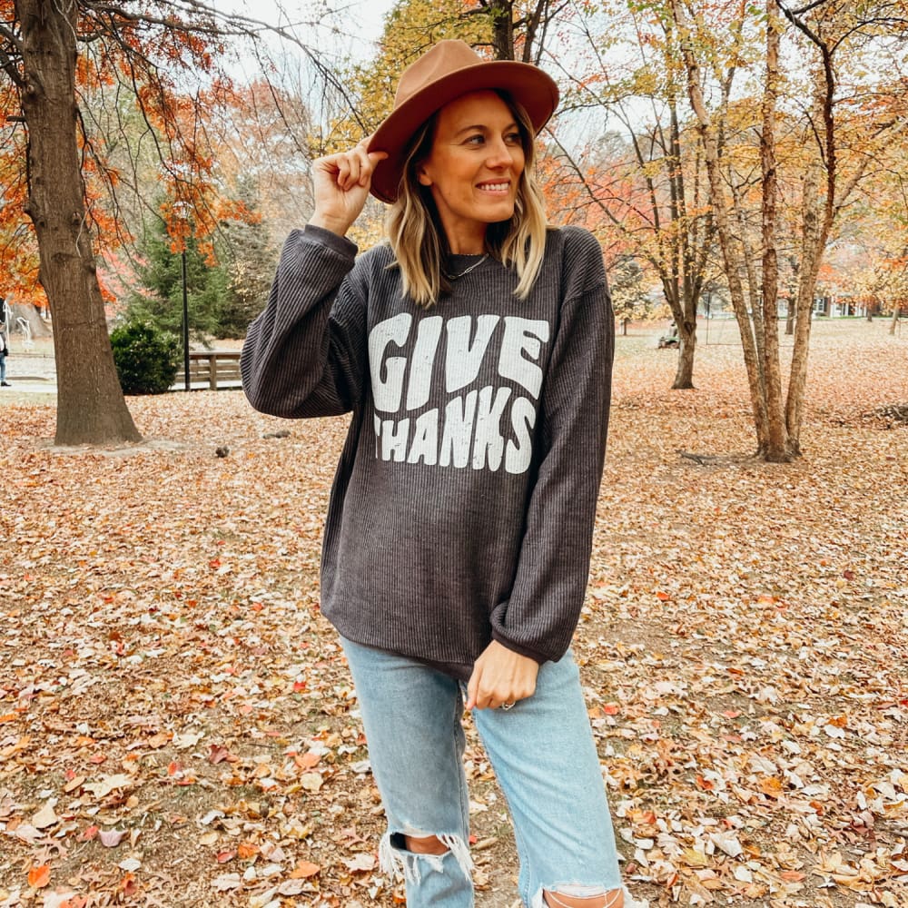 Give Thanks Corded Crew - Charcoal - NEW